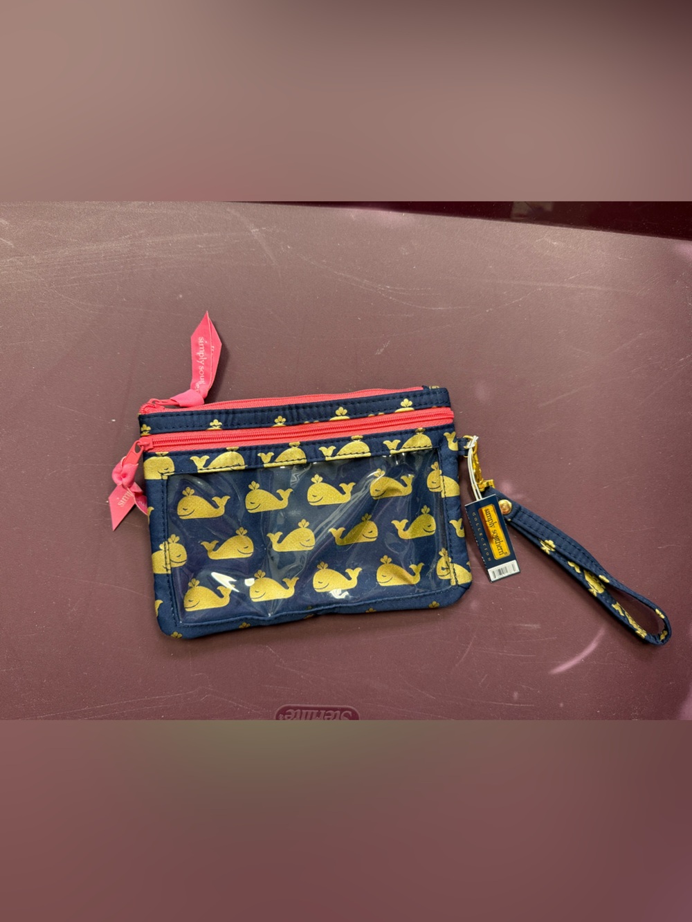 Navy Whale Print Wristlet Pouch with Pink Accents